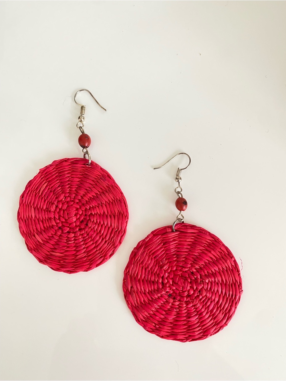 Handcrafted Red Woven toquilla Circle Drop Earrings